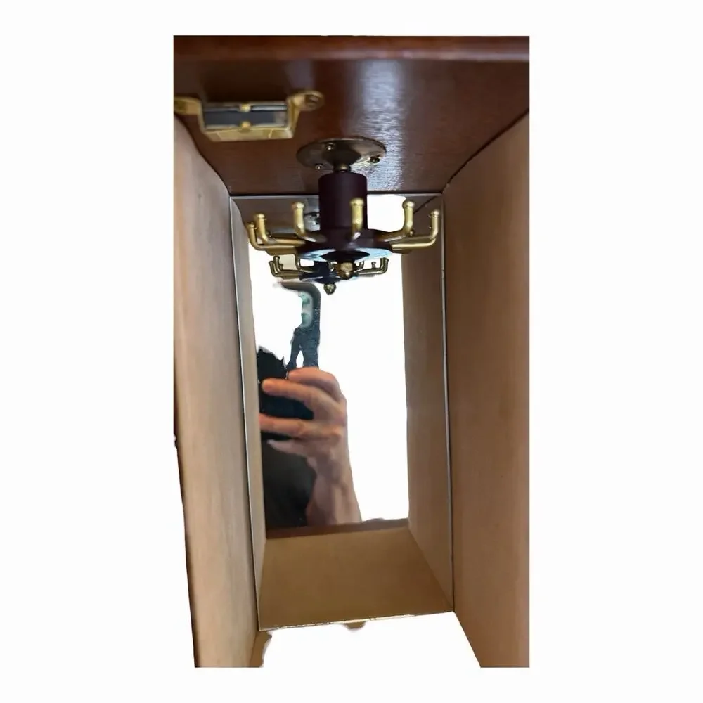 Vintage 1980’s Wooden Jewelry Cabinet Mirror Back Glass Etched Door Carousel